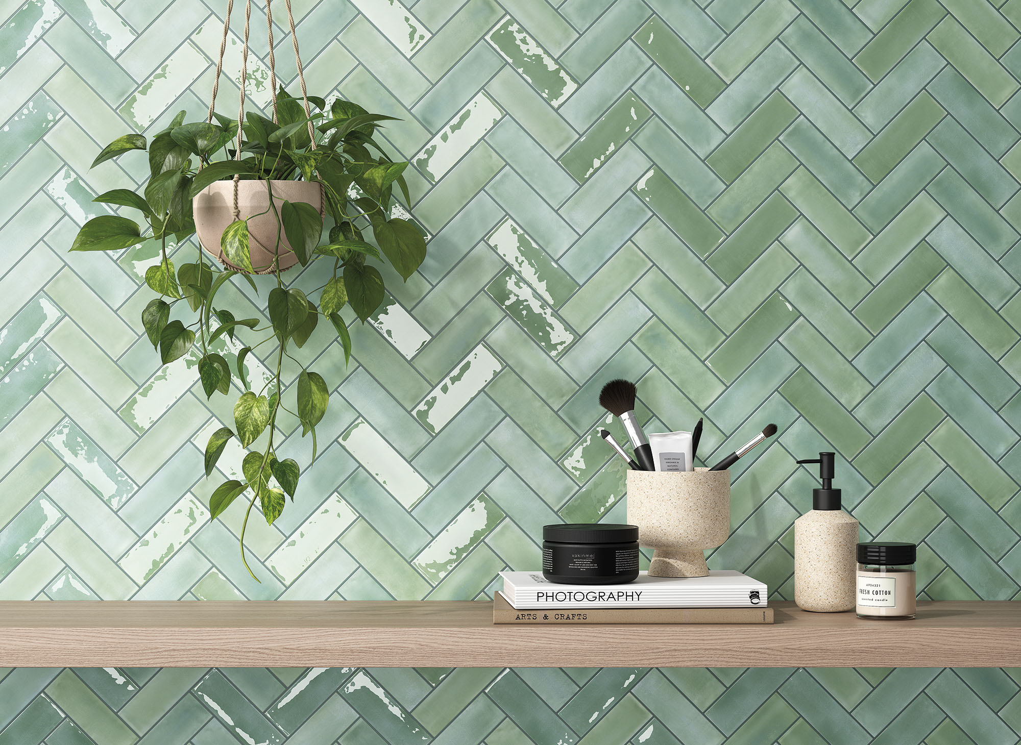 Beret moss gloss and matt tiles in a Kitchen